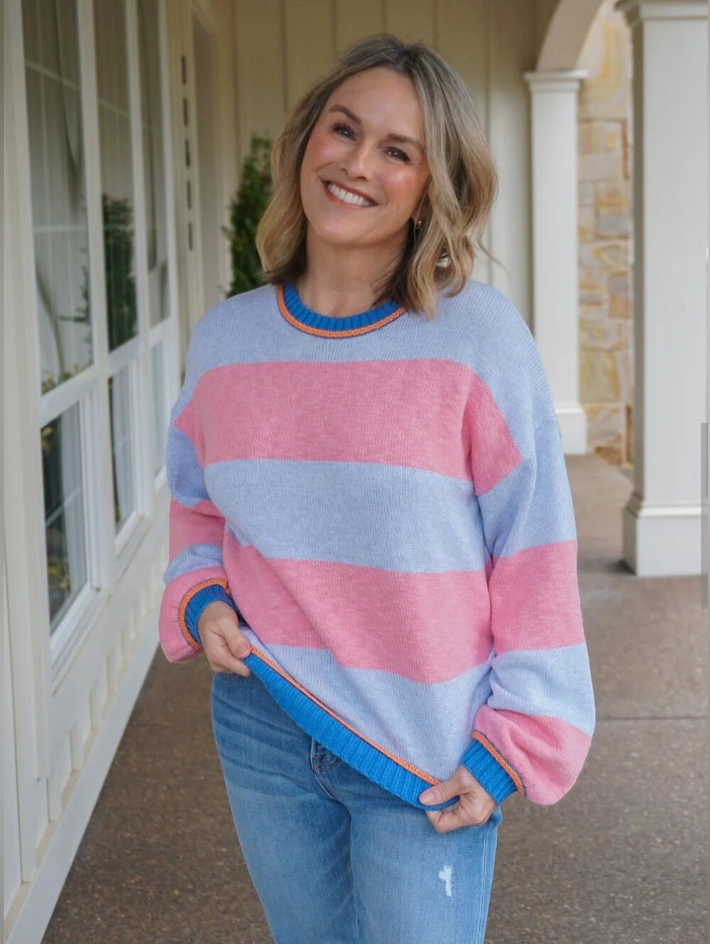 Striped Blue and Pink Women's Crewneck Sweater